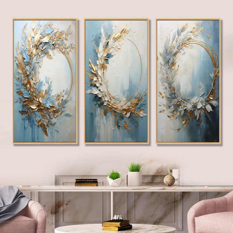 «Blue and Gold Wreath Flower», ensemble d'art mural sur toile en forme de couronne, Cadre flottant brun, H 28 po x l 36 po