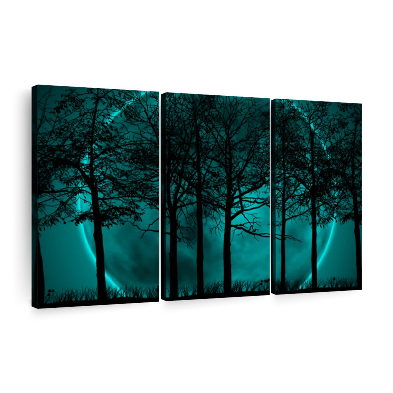 Silhouette de forêt turquoise sur toile, ensemble de 3 pièces, H 28 po x l 45 po x P 1,25 po