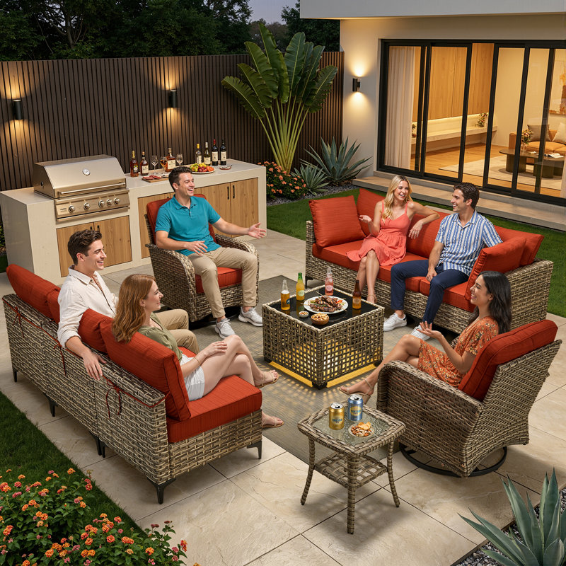 Rattan Outdoor Sofa 11-piece Set With Fire Pit, Orange, No