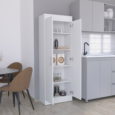Armoire de garde-manger, conception à 2 portes peu encombrante, 11,9 po x 23,6 po x 66,8 po, bois d'ingénierie, 1 pièce, armoires, blanc, offre cinq grandes tablettes X pour un rangement organisé et facile d'accès