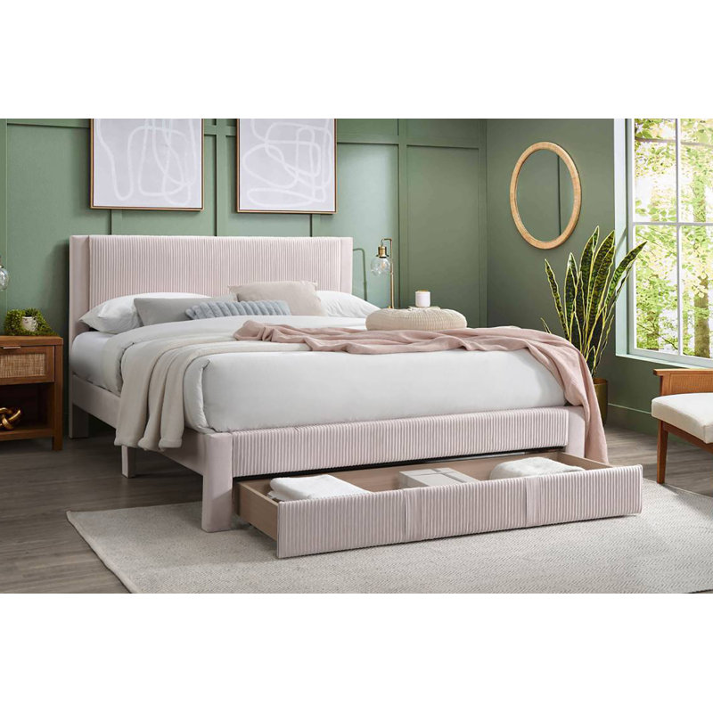 Grand lit de rangement en velours Merceroy, Rose clair, Grand lit
