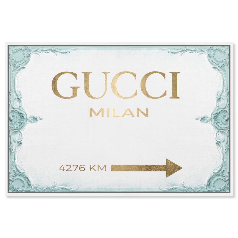 «Milan Sign Aqua», art textuel sur toile, H 36 po x l 54 po, Cadre blanc
