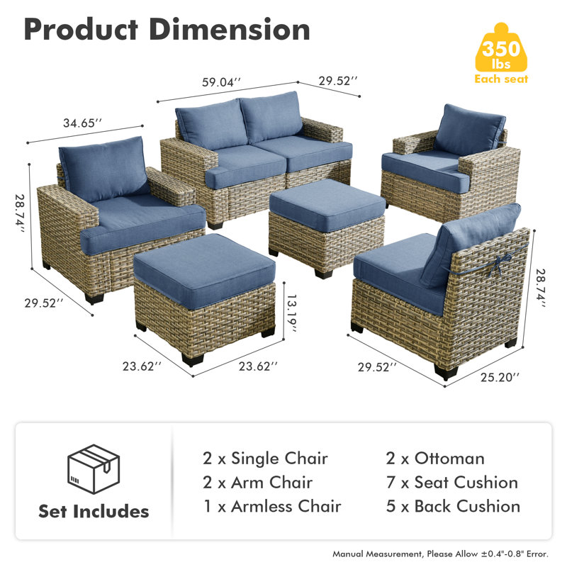 Outdoor Furniture 7 Pieces Set With Ottoman, Blue