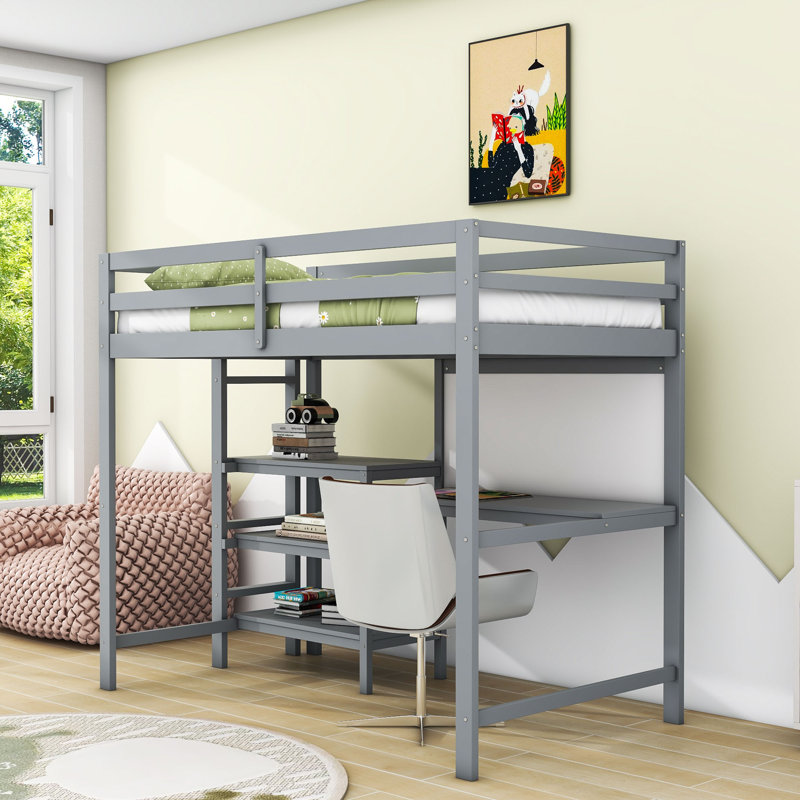 Lit mezzanine simple en bois avec bureau, tablettes et tableau d'écriture effaçable, Gris