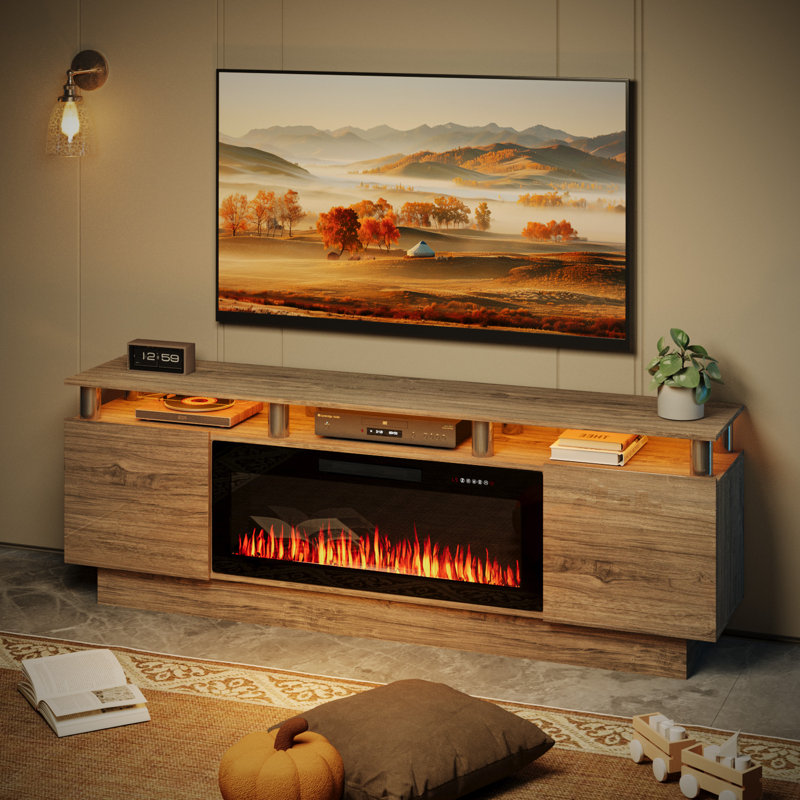 Alazik TV Stand with Electric Fireplace, Gray/Silver, Black, 24”H x 14”L x 70”W