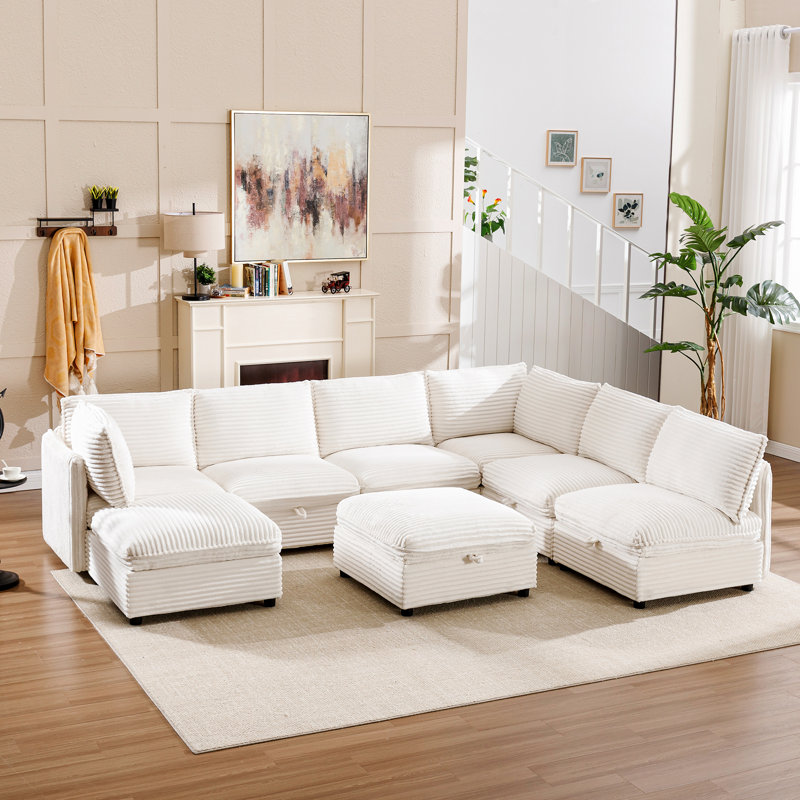Canapé modulaire à 5 places avec rangement caché et 3 repose-pieds, Velours côtelé blanc