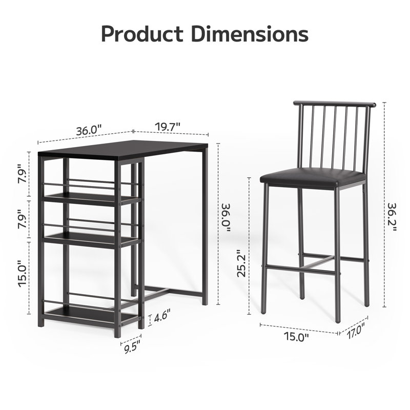 Brune 3 - Piece Dining Set, Black
