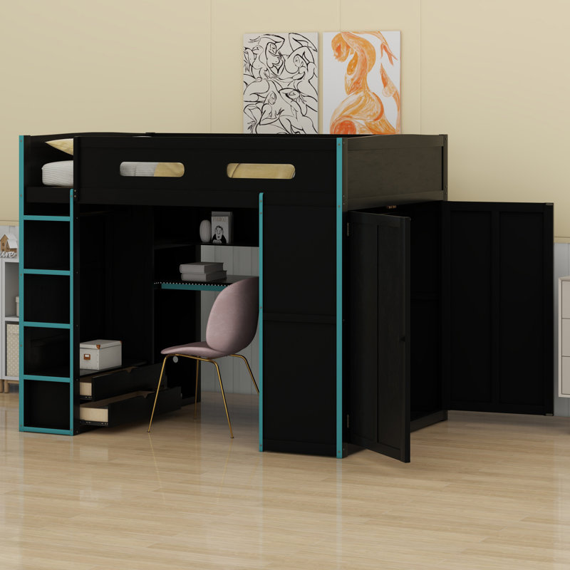Lit mezzanine en bois avec bureau, garde-robe, grand espace de rangement et lumière DEL RVB, Bleu nuage
