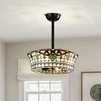 Ventilateur de plafond lumineux en verre Tiffany ivoire et ambre Fleur Carousel
