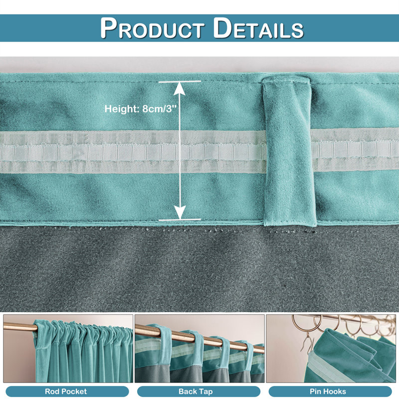 Lauier Velvet Blackout Curtain Pair, 52" W x 84" L, Teal