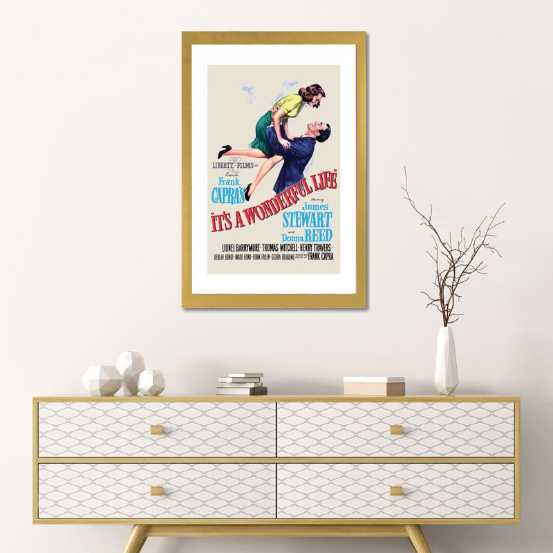 «It's a Wonderful Life» - Publicité imprimée, H 24 po x l 16 po x P 1 po, Blanc, Papier encadré doré