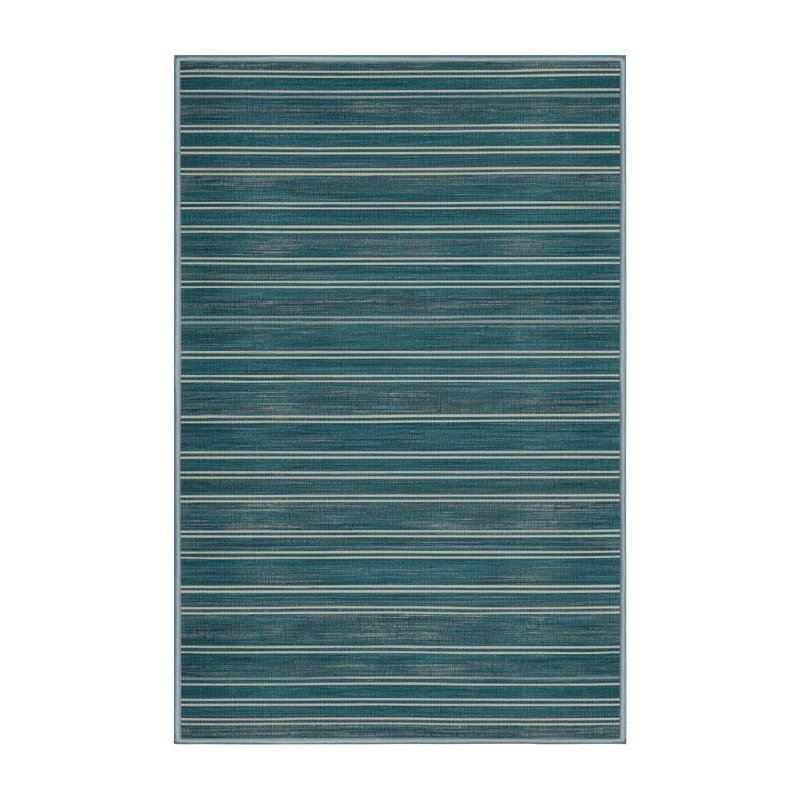 Washable Teal Light Gray Striped Area Rug, Rectangle 7' x 9'
