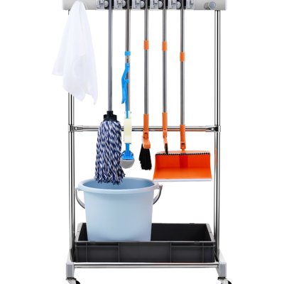 Garage Organization Tool Rack, 10 Slots For Tools, Rake, Broom, Stand With Wheels And Hooks, Industrial-Grade - Gray Color Yard Storage Broom Mop, Organizer 4 Swivel Foldable Heavy-Duty Metal