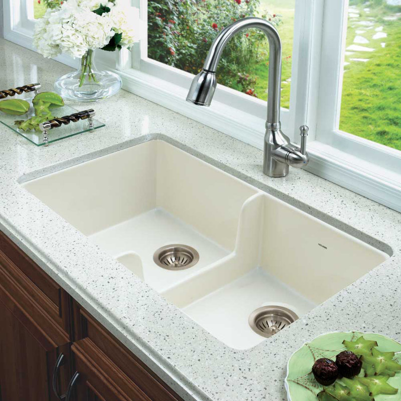 Platus 32.2'' L Double Bowl Fireclay Kitchen Sink, Biscuit