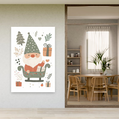 Happy Christmas Gnome Sleigh Whimsical Abstract Contemporary Christmas Tree Forest Winter Wall Art Print