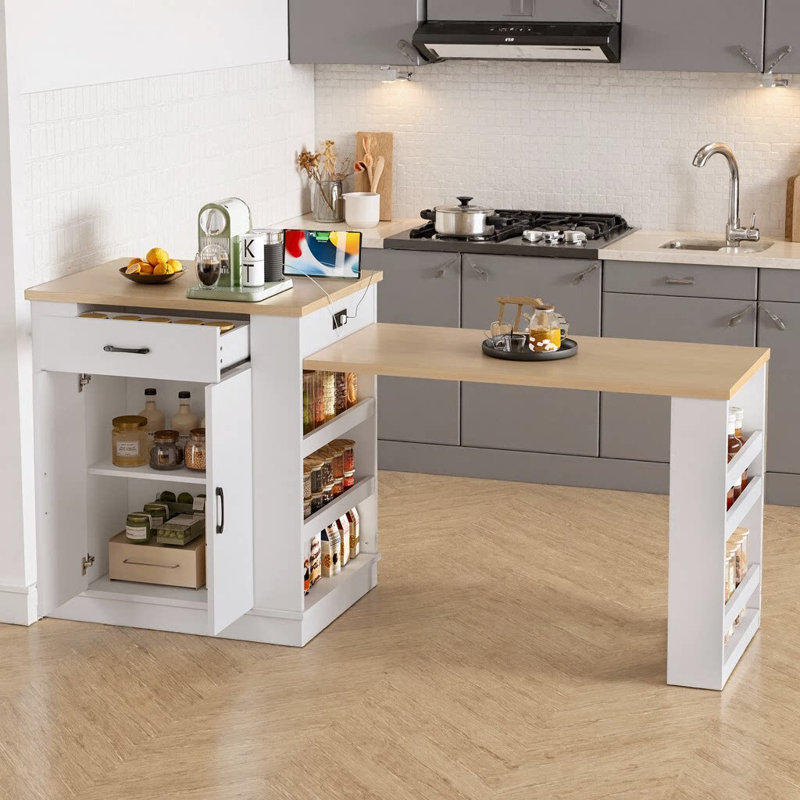 Îlot de cuisine 80 po avec 2 tiroirs, armoire double porte, 8 tablettes ouvertes, bar et table de salle à manger, Blanc