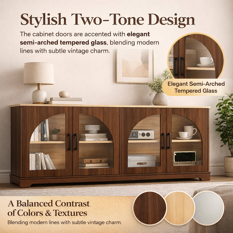 66.9"W Sideboard With French Style Semi-Arched Glass Doors, Walnut