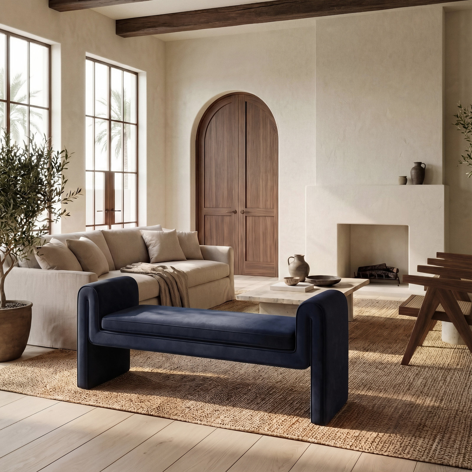 Deshai Velvet Bench, Midnight Blue