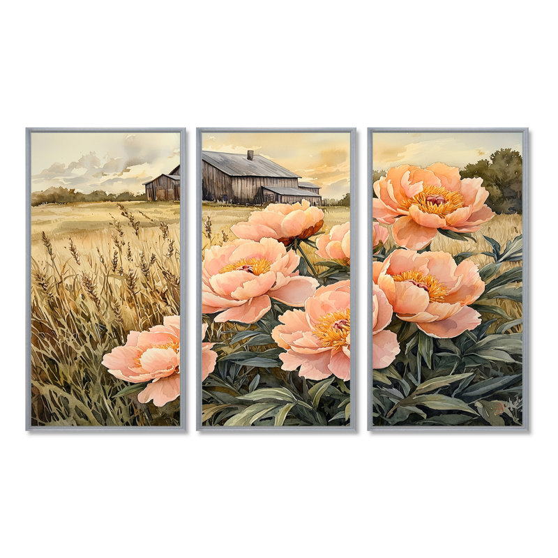 Fermes de pivoines dans le bac à grains IV - art mural pivoines pour le salon - ensemble de 3, H 40 po x l 60 po