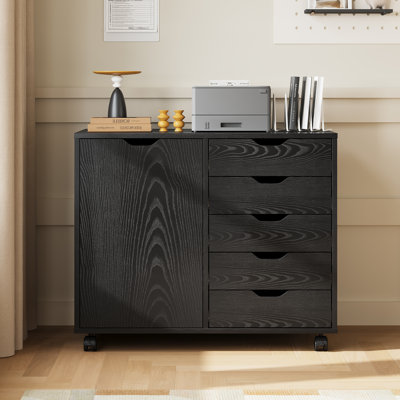 Classeur latéral Cambrie de 79 cm de large avec roulettes verrouillables, meuble en bois pour imprimante, idéal pour le bureau à domicile, classeur noir avec étagère réglable