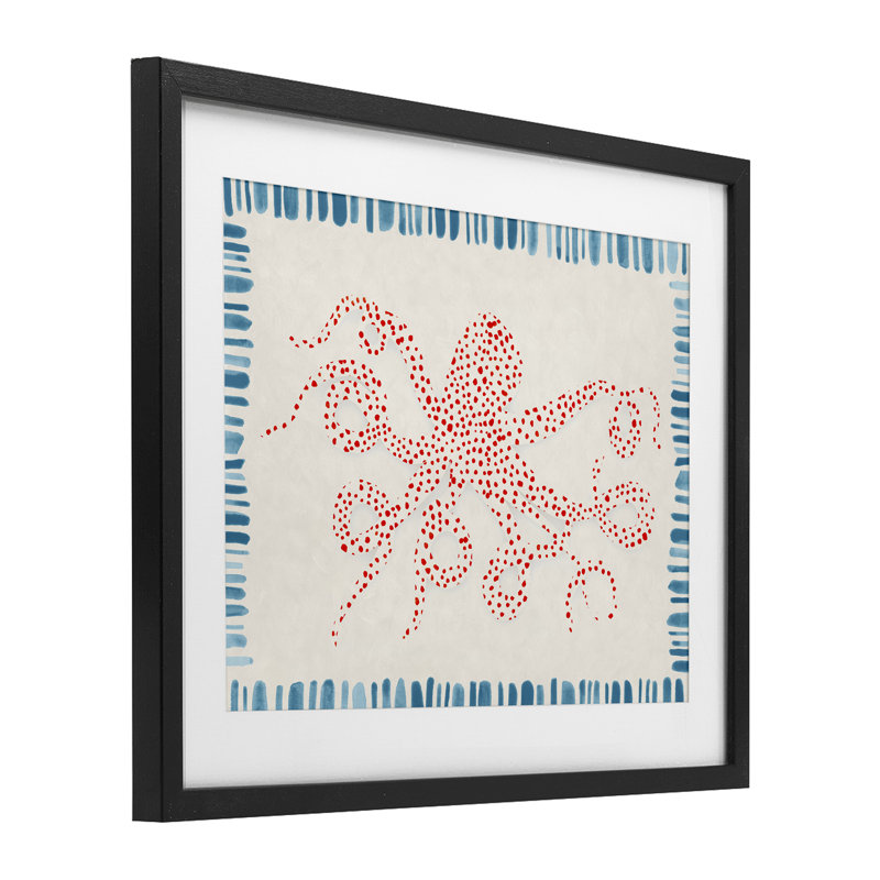 Pieuvre à pois pointillés, impression sous verre, design par Hannah Dawson, H 13 po x l 16 po, Cadre noir minuit