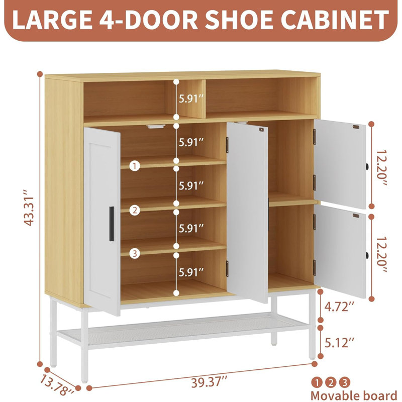 Armoire à chaussures 4 portes, tablettes réglables, peut contenir 30 paires, blanc campagne / naturel