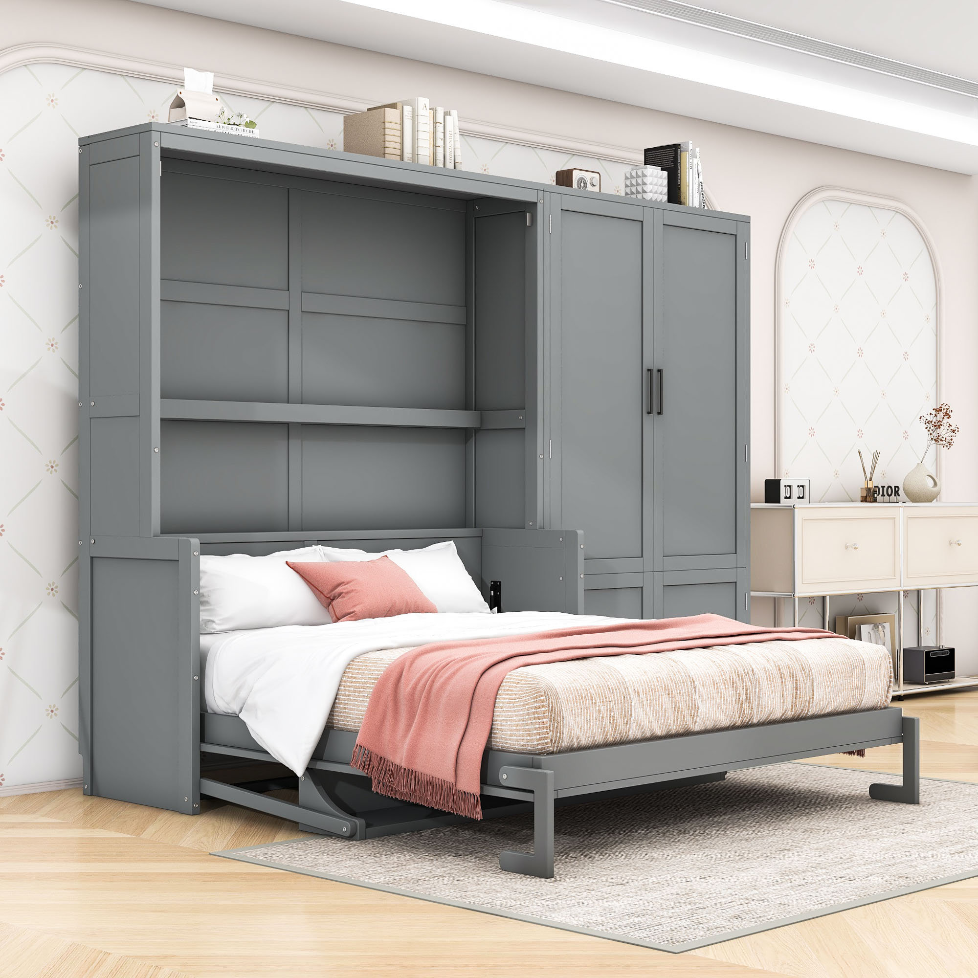 Red Barrel Studio® Queen Murphy Bed Wall Bed with Built-in Closet and ...