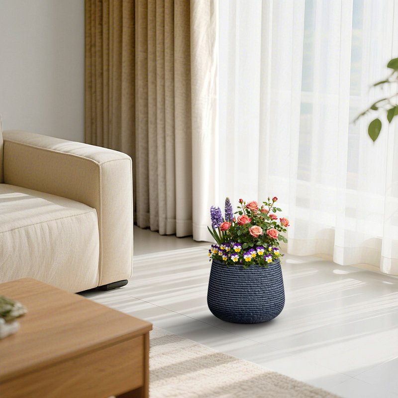 Pot à fleurs rond en béton bleu marine (intérieur amélioré) de 13 po avec trous Draiange pour l'intérieur et l'extérieur