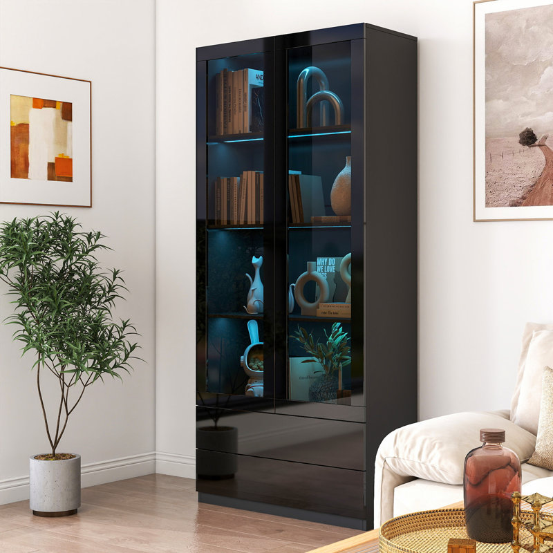 Élégante vitrine de porte en verre avec 4 tablettes, 2 tiroirs et un éclairage DEL pour une décoration moderne