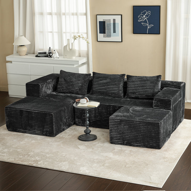 Boneless U-Shaped Deep Seat Modular Sectional Sofa, Corduroy Upholstered Cloud Boneless Couches With Side Pockets