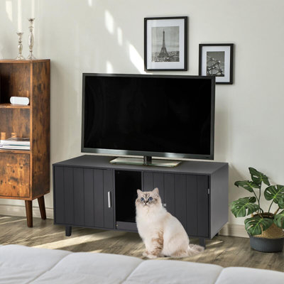 Cat Litter Box Enclosure For 2 Cats, 43.3” Double Hidden Litter Box Furniture Large Wooden Cat Washroom With Scratching Board, Indoor Cat House Cabinet Tv Stand End Table