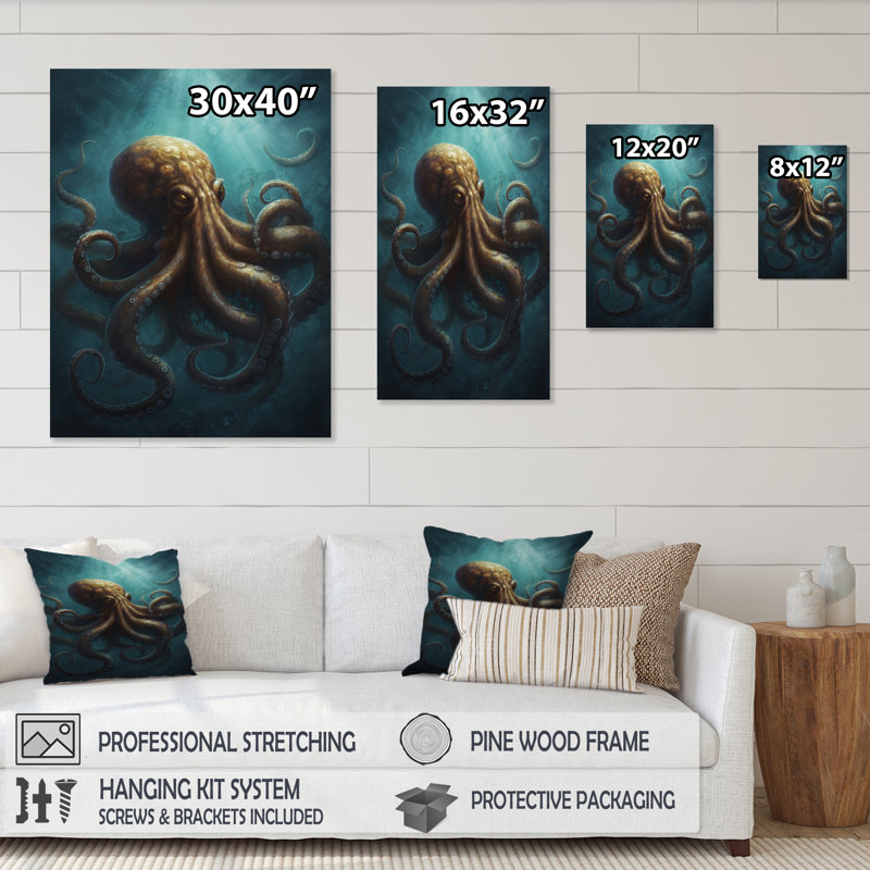 Pieuvre brune et bleue sous la mer sur toile, H 40 po x l 30 po x P 1,5 po, Cadre flottant noir