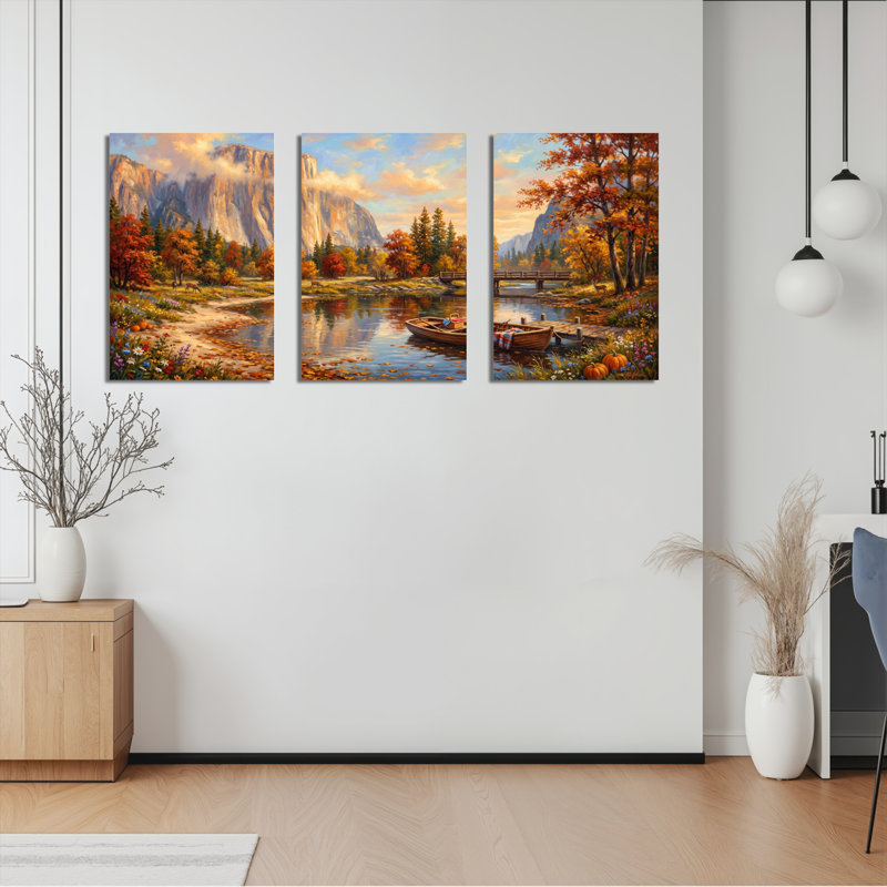 Ensemble de 3 tableaux sur toile tendue représentant un paysage d'automne avec montagnes, rivière et bateaux, 2436