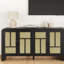Buffet 59 po Boho noir en panneau de fibres à densité moyenne, 4 portes en rotin naturel avec 3 tablettes intérieures réglables, console de rangement de style campagnard pour le salon, la cuisine et l'entrée