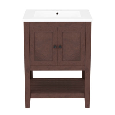 Lavabo de salle de bain moderne élégant en céramique 24 po avec tablette ouverte en bois massif