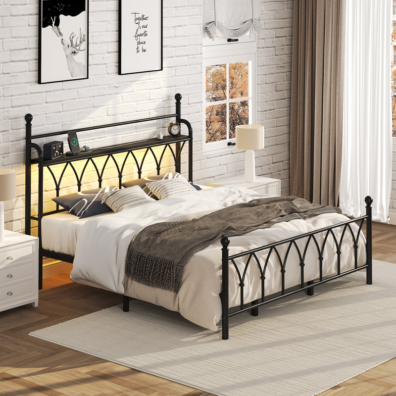 King Metal Platform Bed with Floral Style Headboard, Bed Frame with RGB LED Lights, Charging Station & Ample Storage Space, Easy Assembly, Black