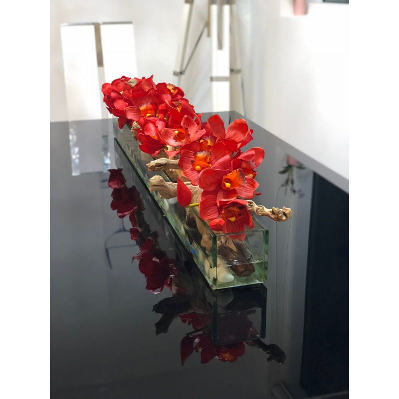 Driftwood Cymbidium Orchids Centerpiece in Glass Planter, 16" H x 48" W x 4" D, Red