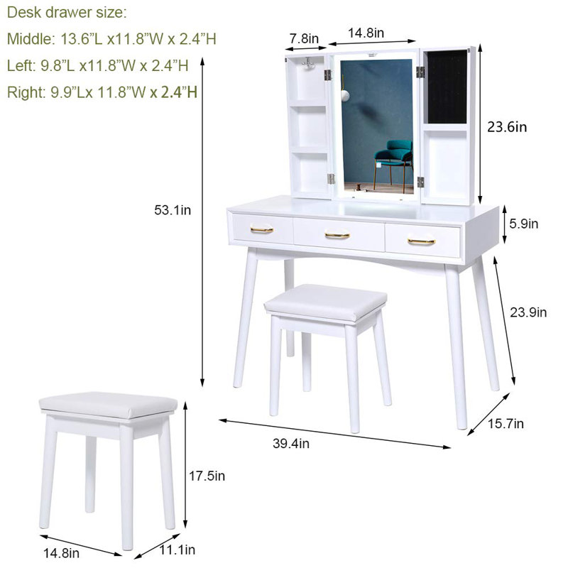 Coiffeuse avec tabouret et miroir Joille, Blanc