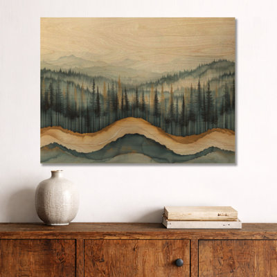 Forêt de pins brumeuse dorée VI - Décoration murale champêtre, imprimée sur bois