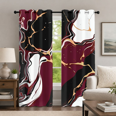 2Pcs Burgundy and Black Marble-Pattern Curtains, Abstract Style Curtain, Modern Elegant Fluid Texture Printed Art Grommet Drapes, Window Treatment for Bedroom Living Room Decor
