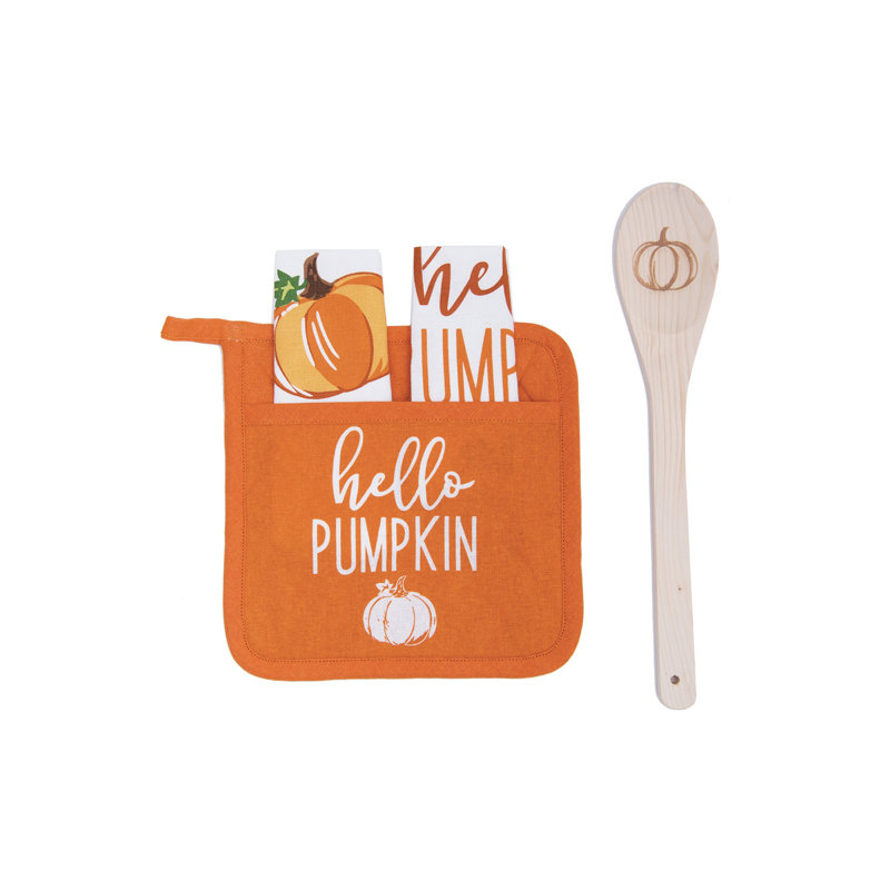 Ensemble de poignées de poche «Hello Pumpkin» avec cuillère en bois et serviettes de table imprimées