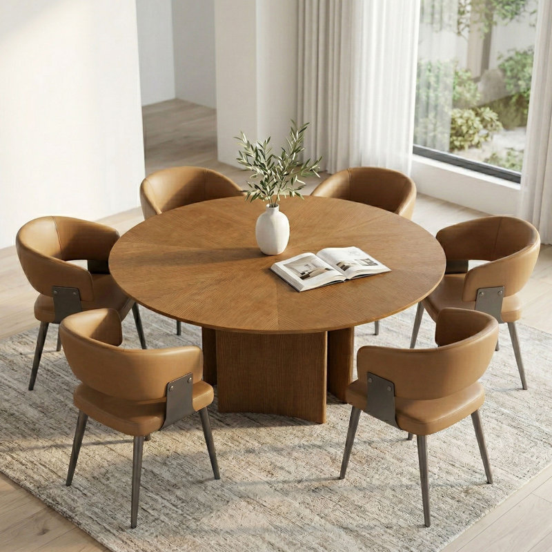 Ensemble de table de salle à manger à piédestal moderne 59,05 po et 6 chaises rembourrées - Base sculpturale - Noyer / brun clair