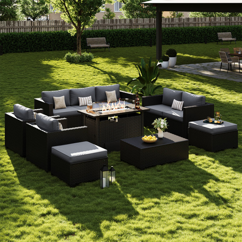 8-Piece Outdoor Wicker Sectional Sofa Set With Fire Pit Table, Ottomans & Storage Table, All-Weather Patio Conversation Set For Backyard, Garden & Poolside