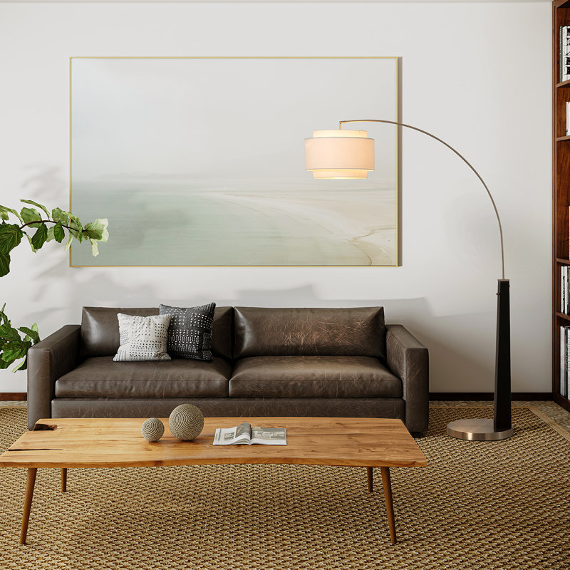 Coronado 1 Light Arc Floor Lamp - Matte Black & Satin Nickel, White Linen Double Shade, Dimmer Switch