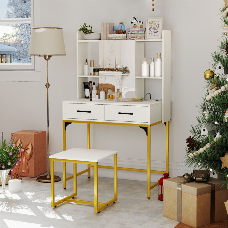 Dressing Table with Mirror, White/Gold