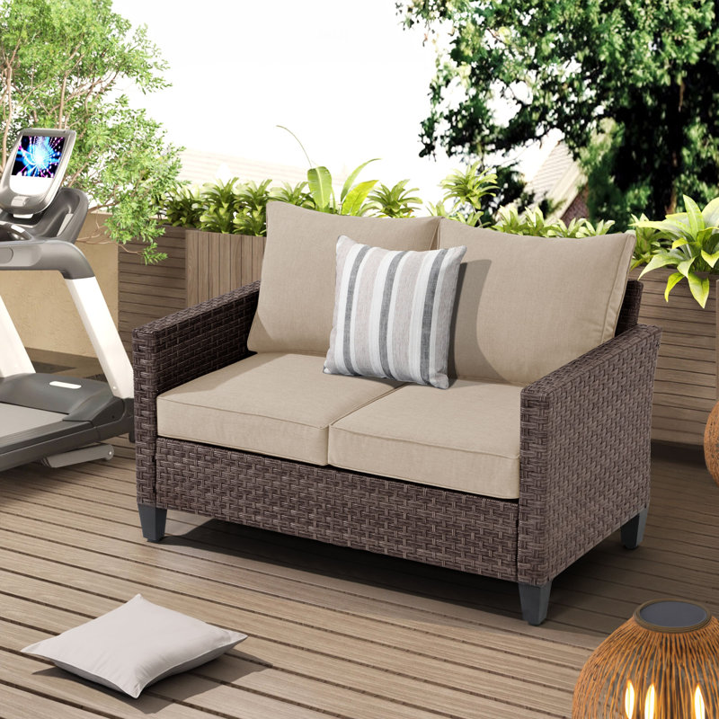 Causeuse d'extérieur en osier avec coussins, Structure brune / coussin beige