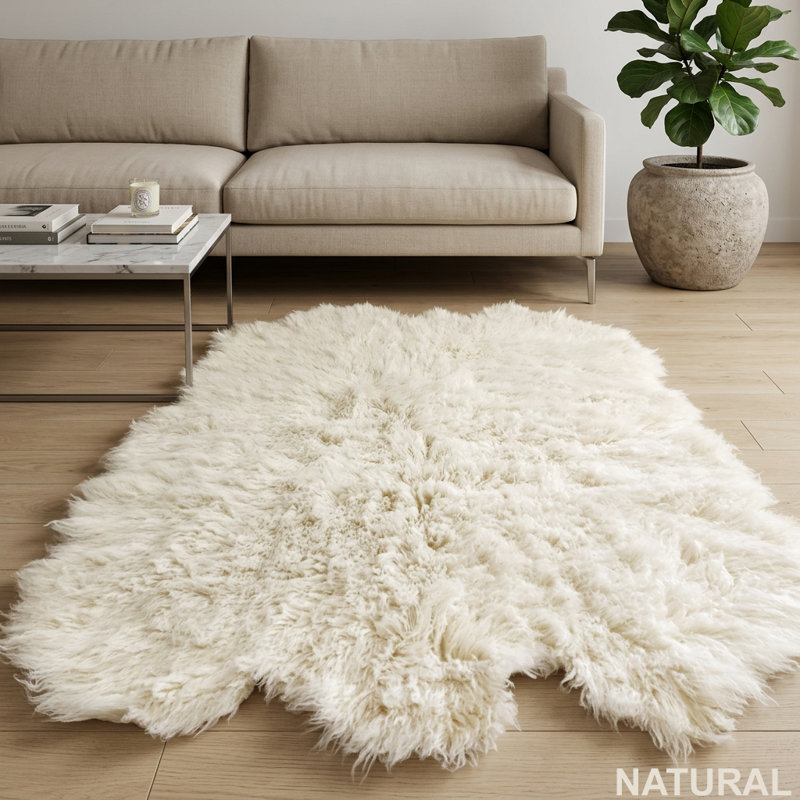 Stylish Sheepskin Shape Flokati Rug. organic wool pile. Shaggy Wool Area Rug, 4' x 6'