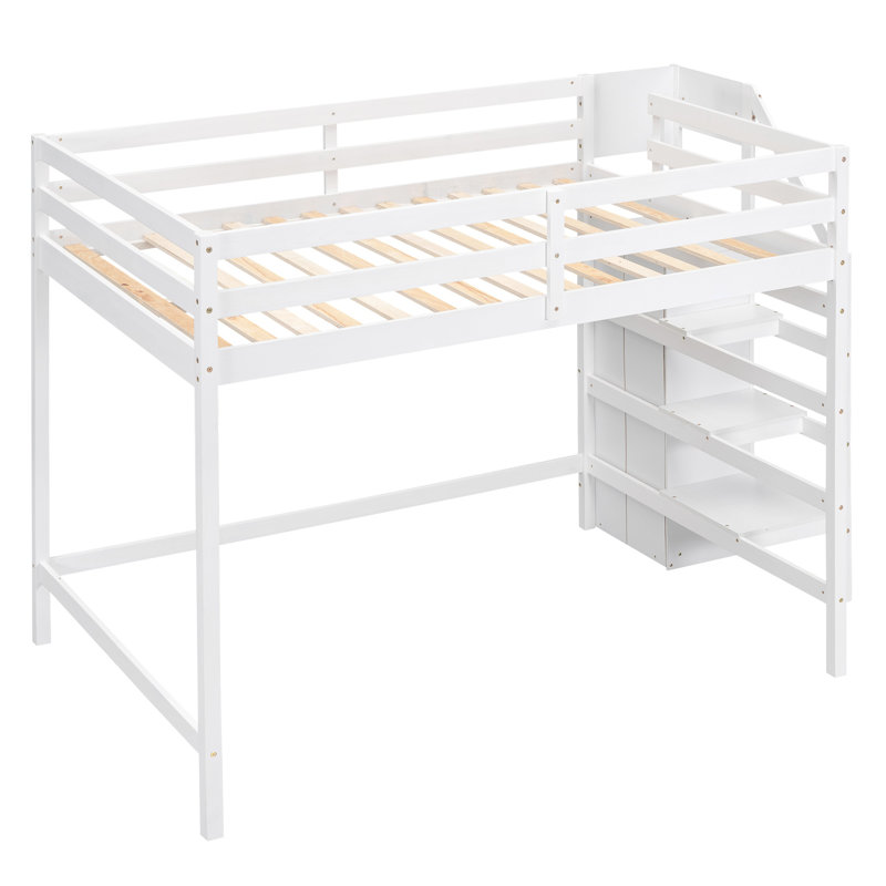Full Size Loft Bed with Storage Wardrobe, Clothes Rack, and Staircase Shelves, Solid Pine Wood Frame, White