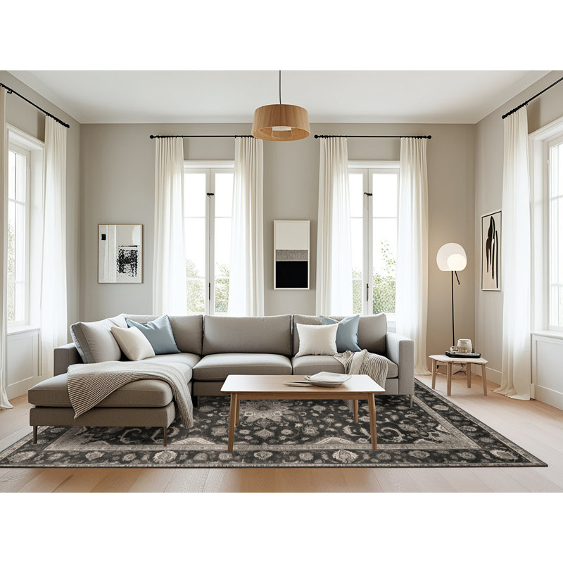 Tapis noir Tabriz lavable à la machine, Rectangulaire 8 pi x 12 pi