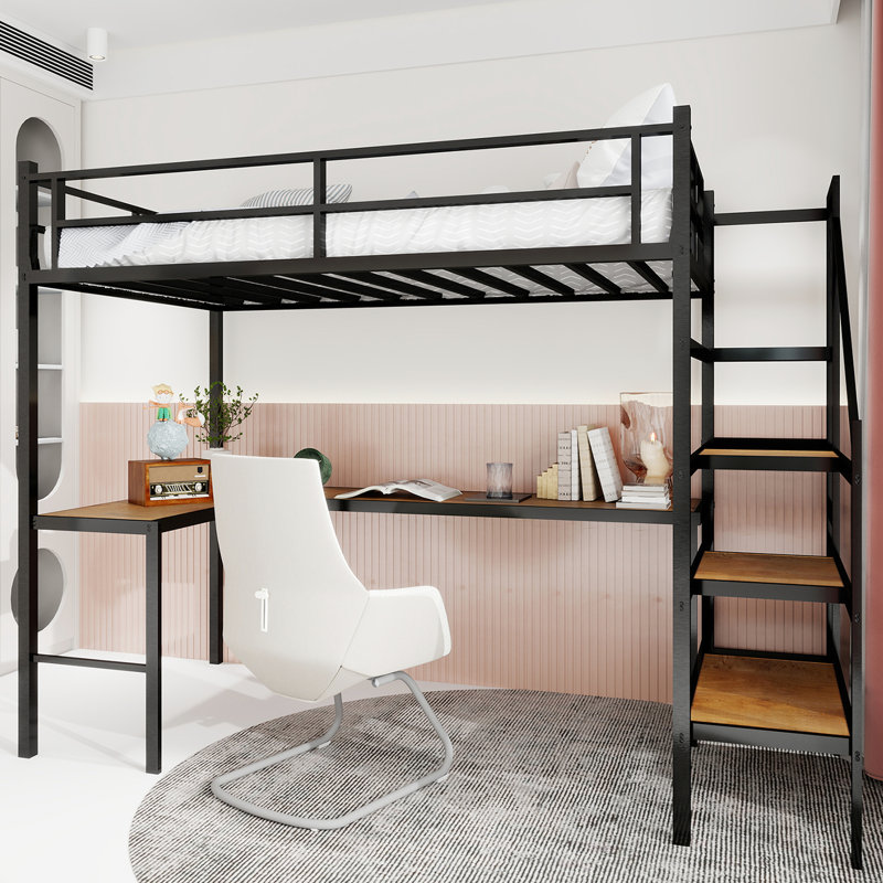 Structure de lit simple en fer noir avec mezzanine simple, rampe à 360 °, bureau en L et tablettes de rangement pour bureau de décoration de chambre à coucher